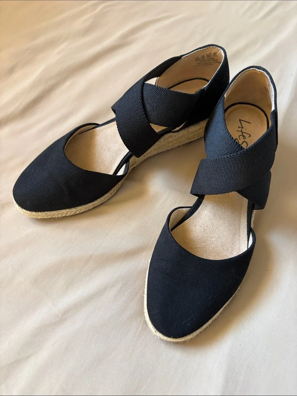 Life Stride Black Espadrille Wedge Sandals with Crisscross Straps